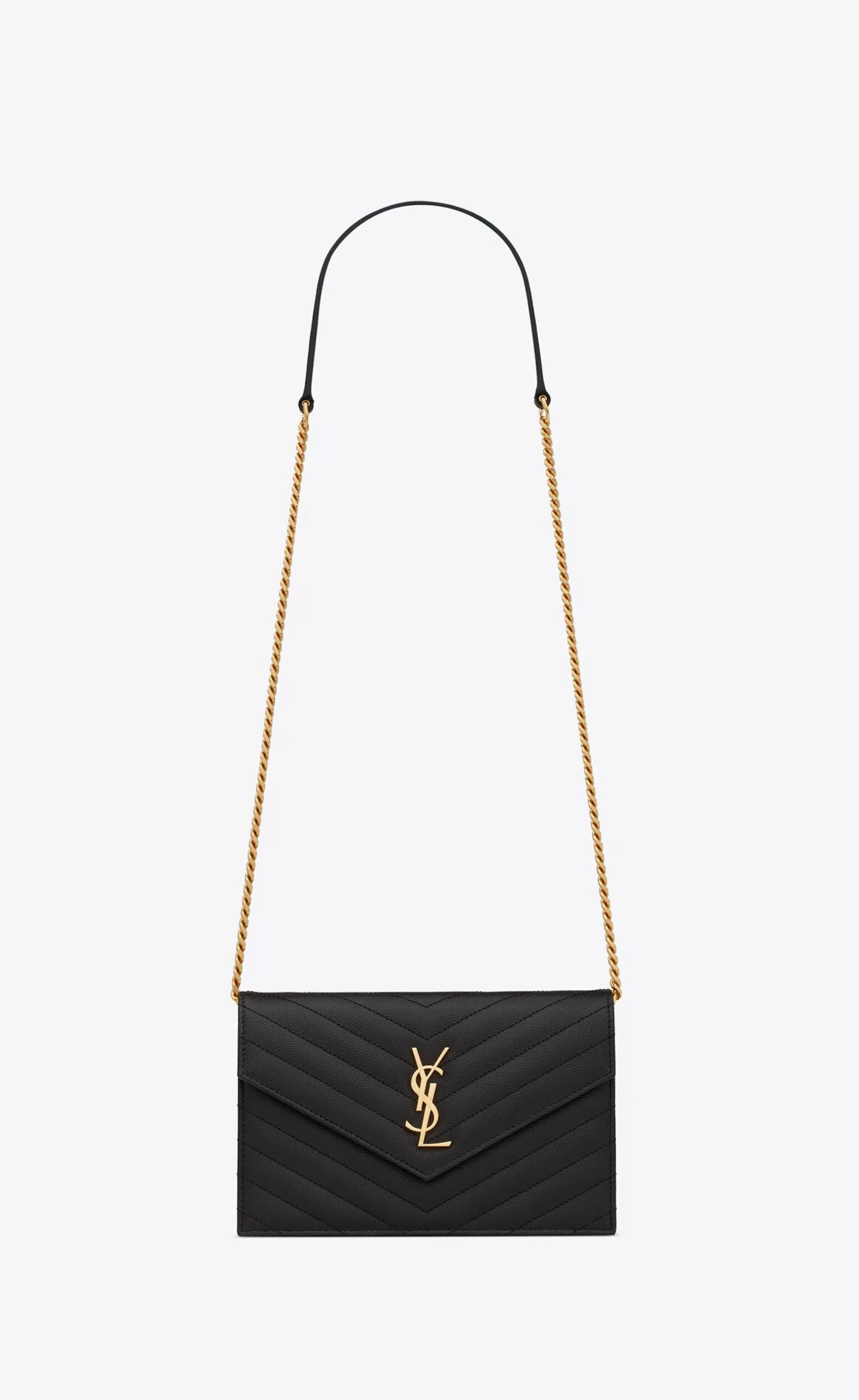 Women Saint Laurent CHAIN WALLETS | MINI BAGS^CASSANDRE ENVELOPE CHAIN WALLET IN GRAIN DE POUDRE LEATHER | | YSL.com
