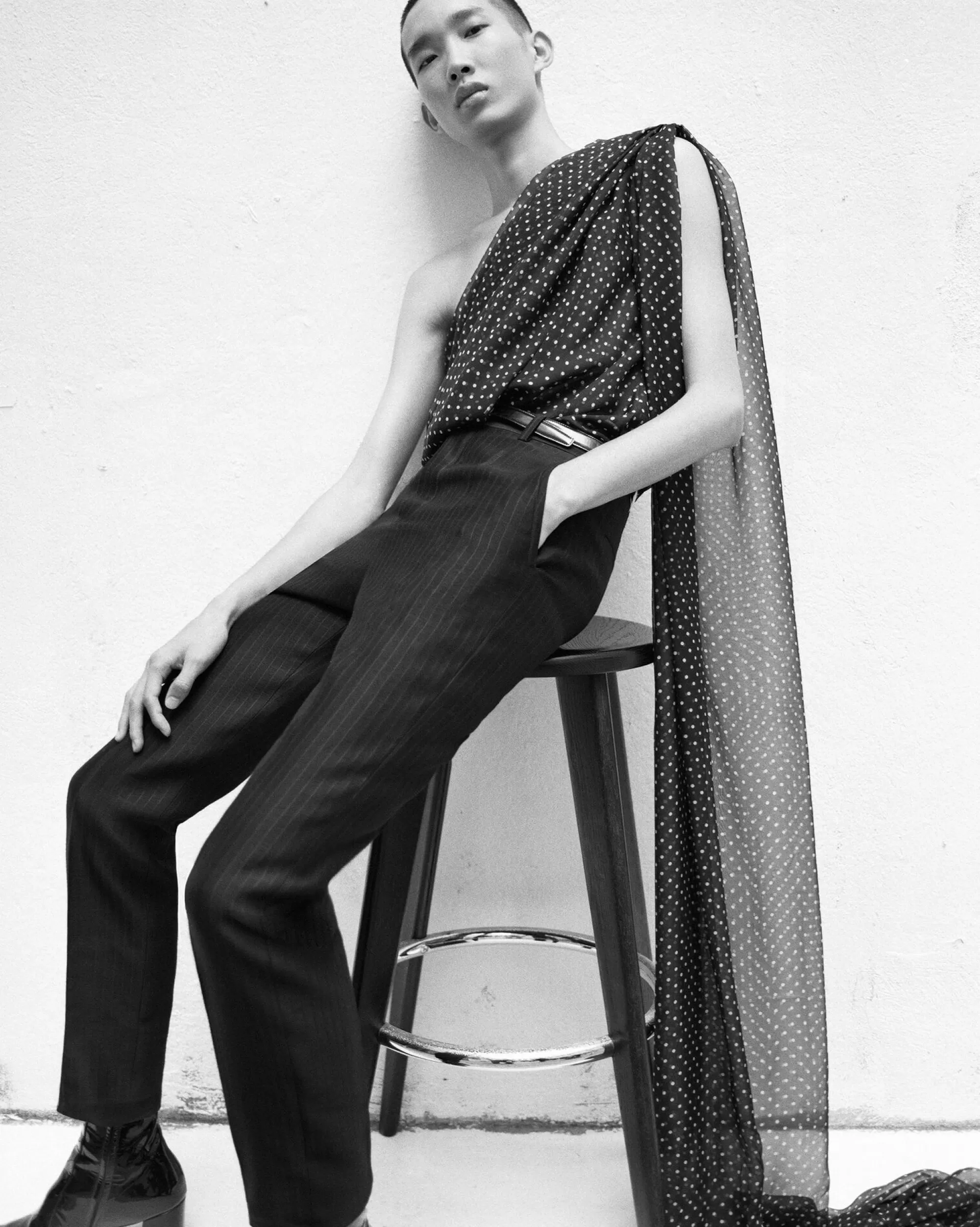 Saint Laurent ALL READY TO WEAR | SHIRTS^Draped One-shoulder Top In Dotted Silk Muslin | | YSL.com
