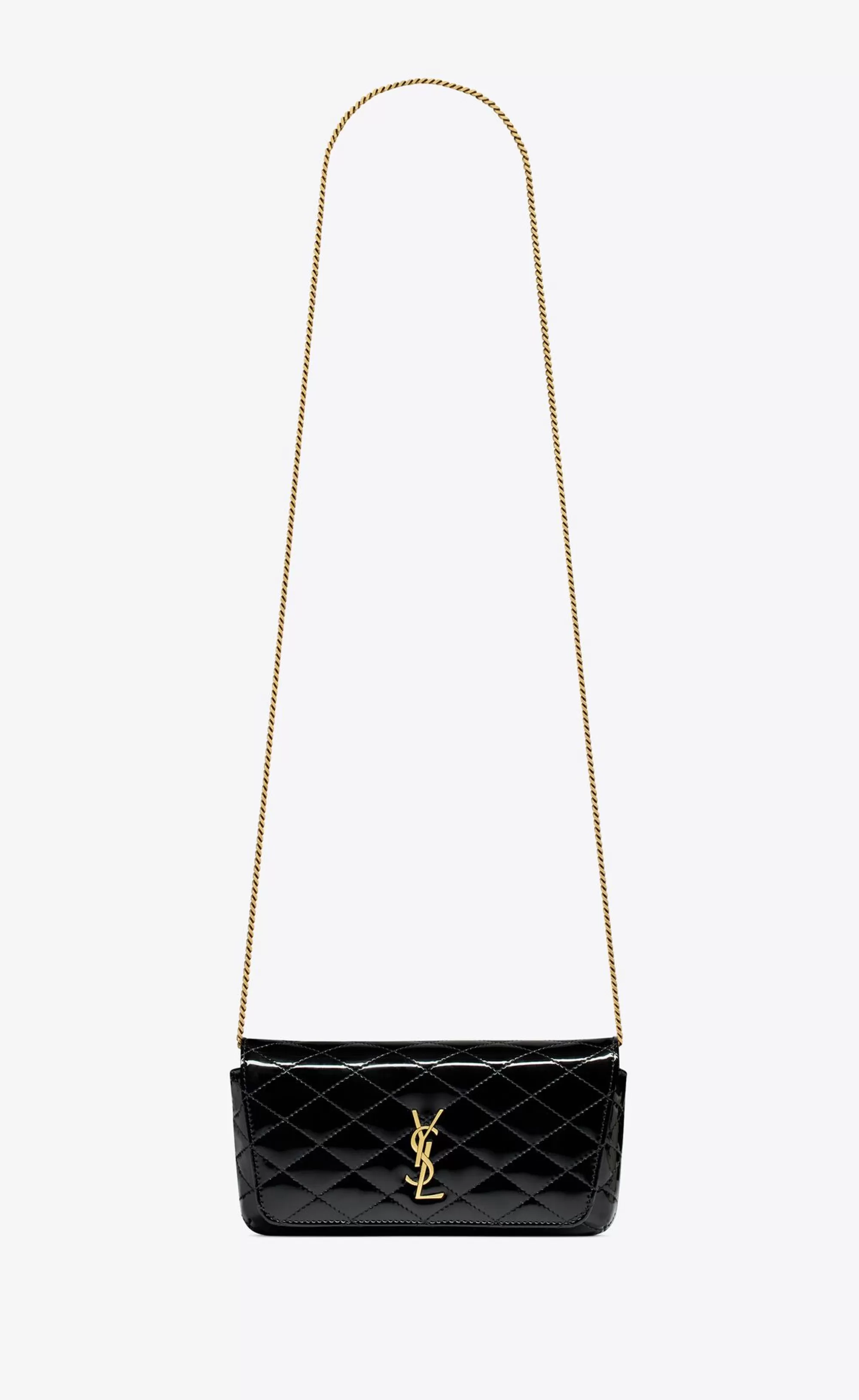 Women Saint Laurent CHAIN WALLETS^GABY Chain Phone Holder In Quilted Patent Leather | | YSL.com