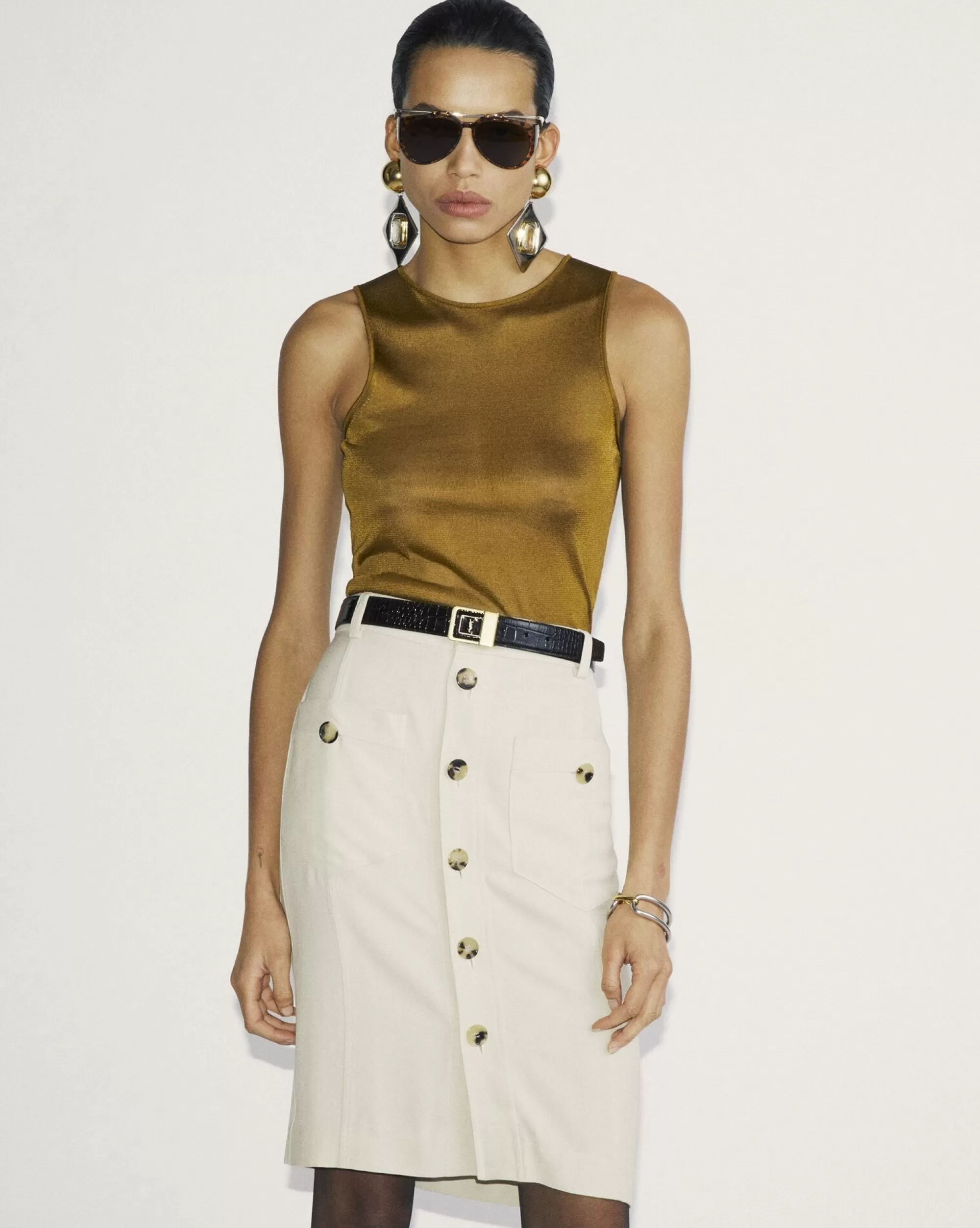 Women Saint Laurent SKIRTS^SAHARIENNE Midi Skirt In Canvas | | YSL.com