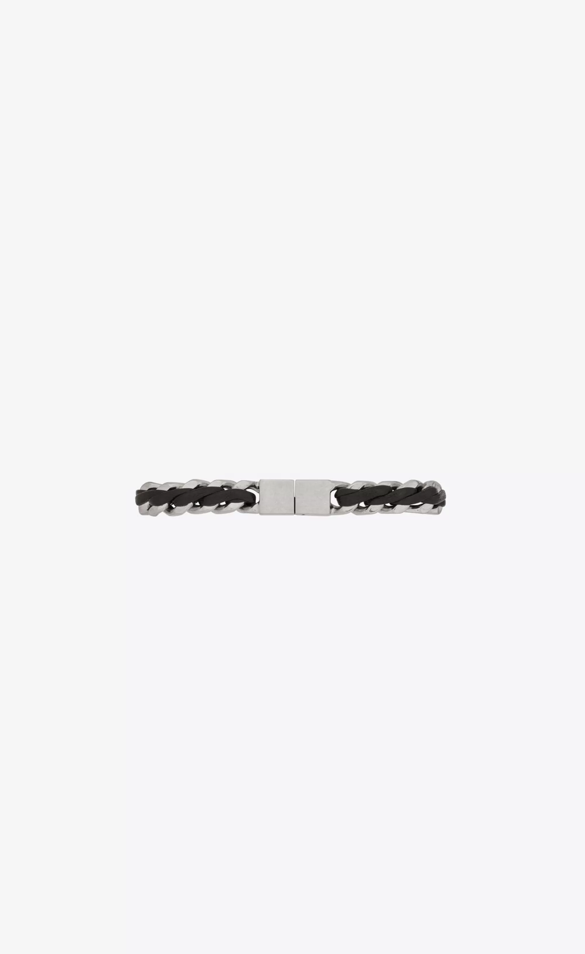 Saint Laurent Bracelets^Tag Curb Chain Bracelet In Leather And Metal | | YSL.com