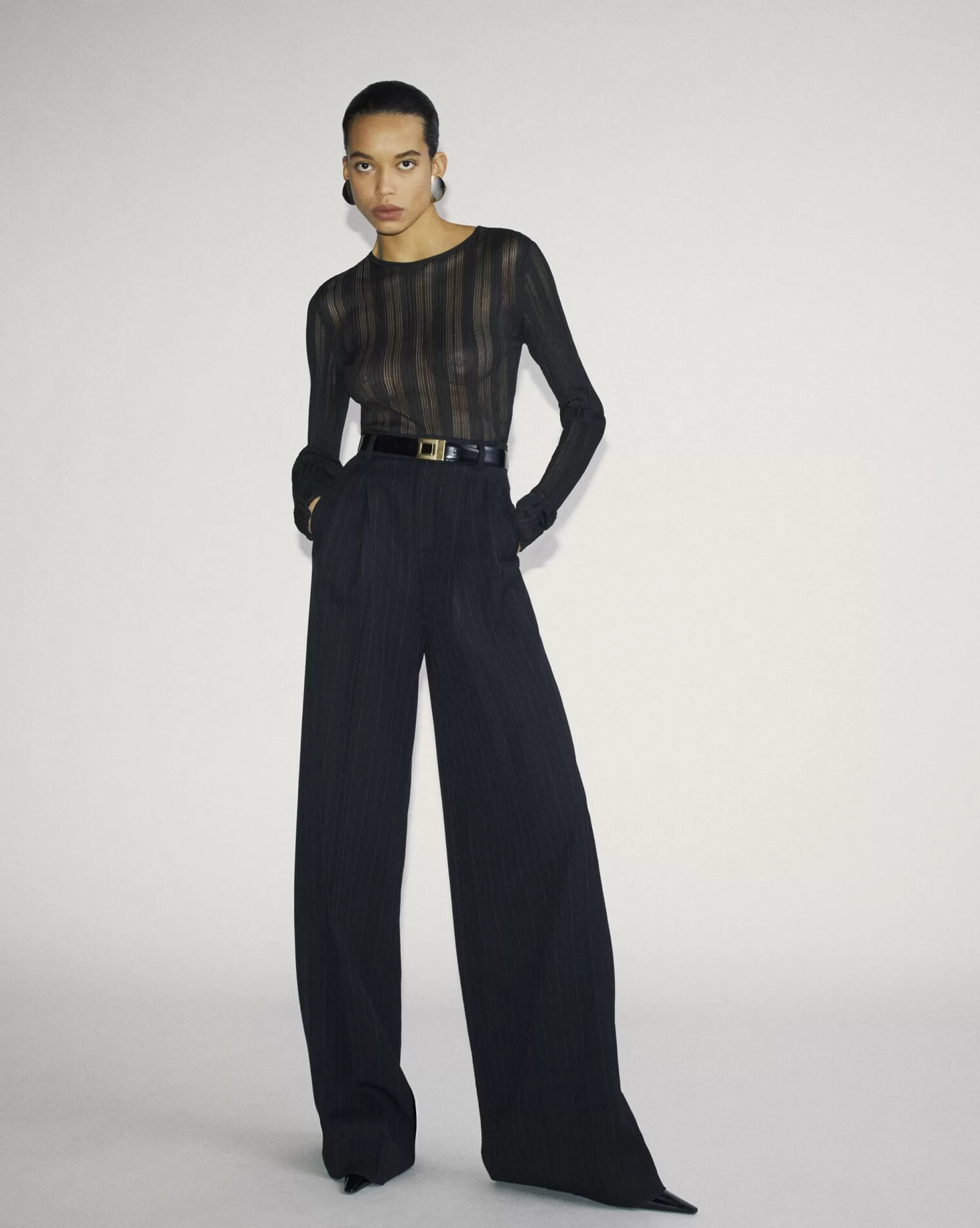 Women Saint Laurent JACKETS AND PANTS^Wide-leg Pants In Striped Wool | | YSL.com